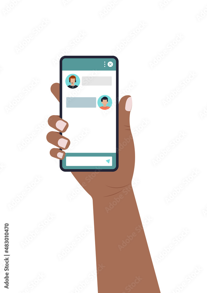 Chat bot dialoge window form on smartphone screen flat design isolated. Online artificial intelligence robot chat online user support service on holding hand mobil phone. Vector illustration. Chat bot dialoge window form on smartphone screen flat design isolated. Online artificial intelligence robot chat online user support service on holding hand mobil phone. Vector illustration.