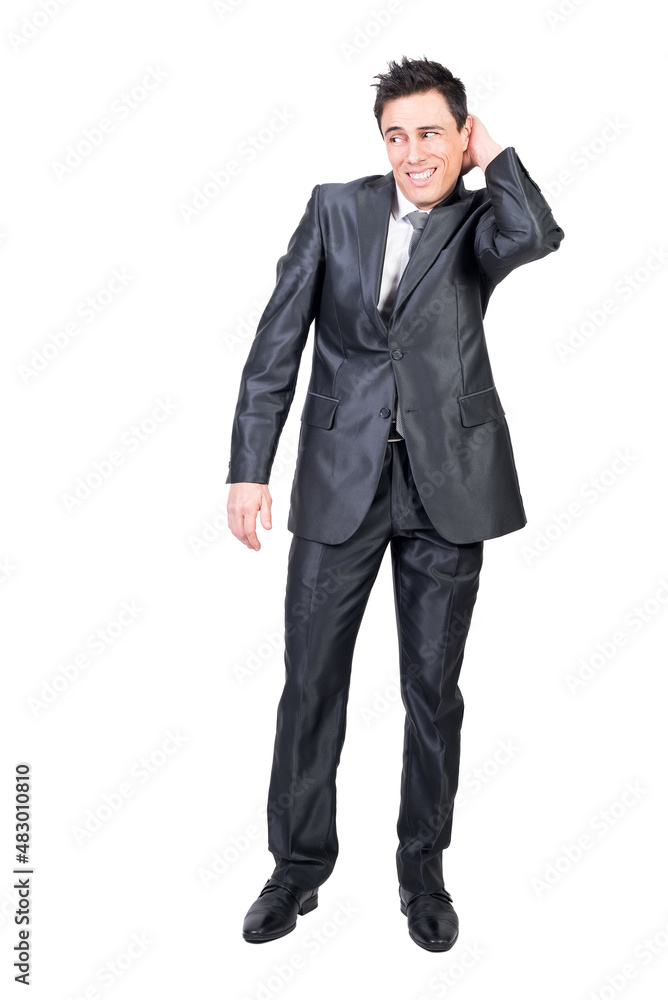 Timid male entrepreneur touching head and looking away Timid male entrepreneur touching head and looking away