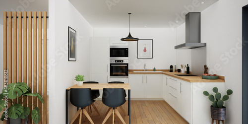 Fototapeta Naklejka Na Ścianę i Meble -  Vue 3d cuisine blanche, table bois et chaise noire