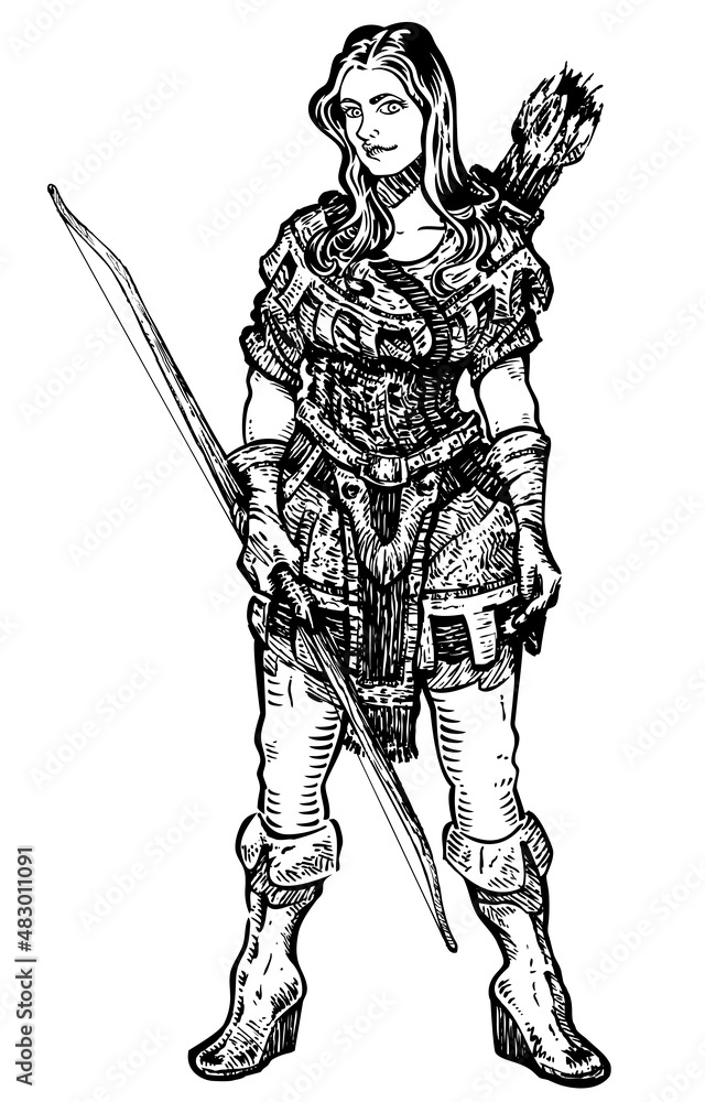Obraz premium Fantasy Archer Girl : black and whitw