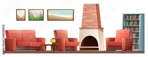 Living room interior with armchair and sofa. Cozy room with furniture, paintings and bookshelves. Glass door. Nice cartoon style design. Isolated object on white background. Vector