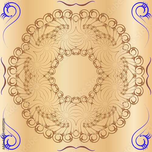 A symmetrical pattern of abstract shapes creates an ornament in the form of a colorful flower. Ornament on a brown, gradient background.