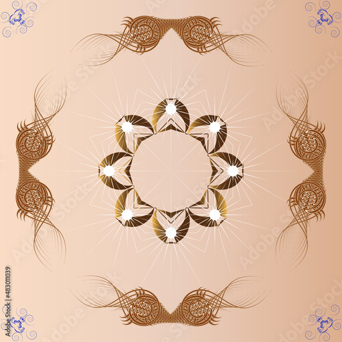 A symmetrical pattern of abstract shapes creates an ornament in the form of a colorful flower. Ornament on a brown, gradient background.