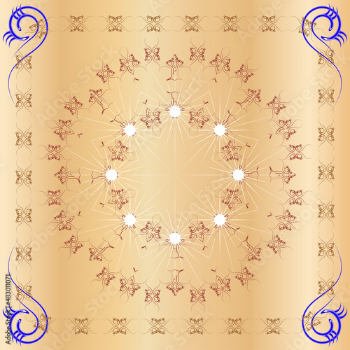 A symmetrical pattern of abstract shapes creates an ornament in the form of a colorful flower. Ornament on a brown, gradient background.