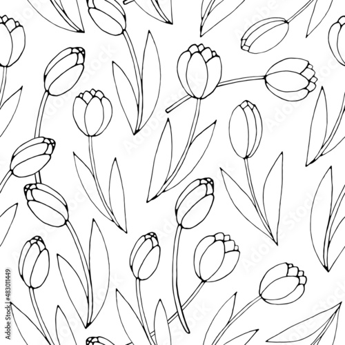 Vector seamless pattern with outline tulip flowers. Hand drawn doodle spring texture, background. For wrapping paper, textile, mother's or women's or Valentine's Day.