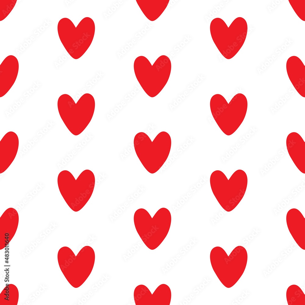 Red cute doodle hearts seamless pattern on white background. Fashion love graphics design. Valentine day print concept. Vector illustration for fabric, cover, package, wrapping paper, textile.