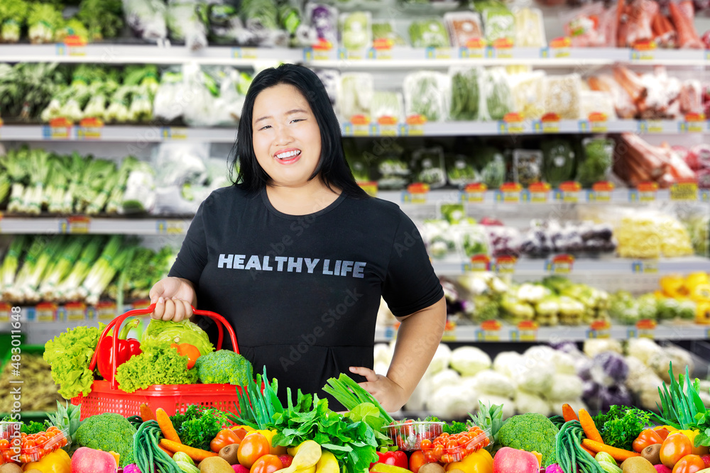 Fat woman wearing clothes with healthy life text Fat woman wearing clothes with healthy life text