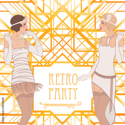Flapper girl: Retro party invitation design. Vector illustration.