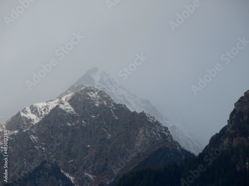 Dark cloudy Sky with snow-covered mountains and tall trees in Himachal Pradesh India