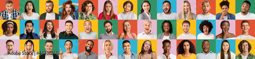 Human faces collage. Multinational women and men posing, expressing feelings and emotions on colorful backgrounds