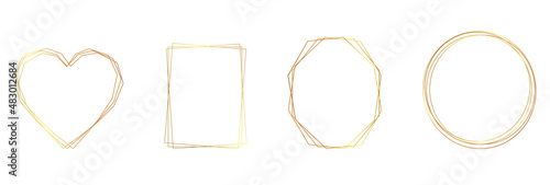 Set of golden frames. Great for wedding invitations, quotes and wedding cards. Abstract shapes - elipse, reectangle, heart and diamond, polygon luxury collection. Vector illustration.