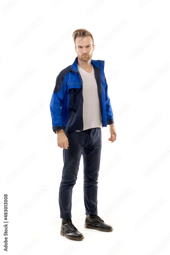A middle-aged white man wearing an blue uniform standing over isolated white background looks happy. Worker and builder concept, mannequin. A middle-aged white man wearing an blue uniform standing over isolated white background looks happy. Worker and builder concept, mannequin.