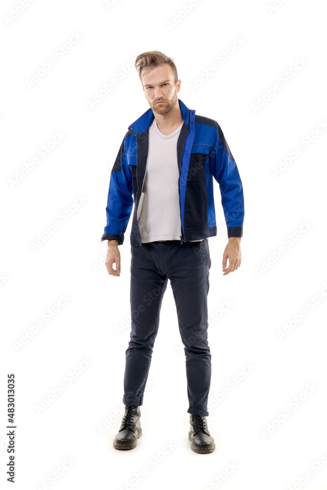 A middle-aged white man wearing an blue uniform standing over isolated white background looks happy. Worker and builder concept, mannequin. A middle-aged white man wearing an blue uniform standing over isolated white background looks happy. Worker and builder concept, mannequin.