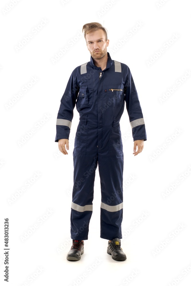A middle-aged white man wearing a gray uniform standing over isolated white background looks happy. Worker and builder concept, mannequin. A middle-aged white man wearing a gray uniform standing over isolated white background looks happy. Worker and builder concept, mannequin.