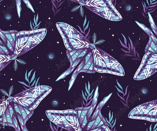 Vector seamless pattern with purple moths on dark background. Perfect for textile, wallpaper or print design.