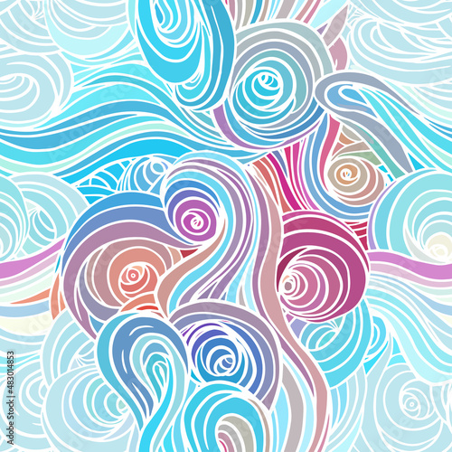 Vector color abstract hand-drawn pattern with waves and clouds