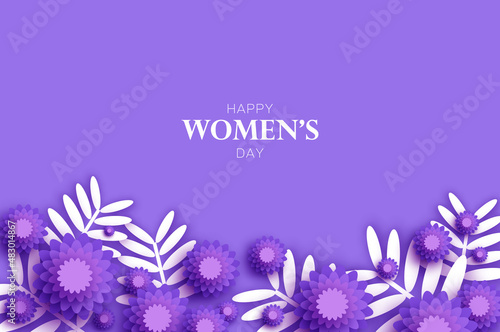 8 March. Happy International Womens day. Mixed white Paper cut spring flowers, tropical leaves. Space for text. Trendy very peri color . Mothers Day. Happy holidays.