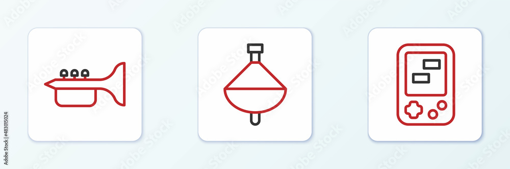 Set line Tetris electronic game, Trumpet and Whirligig toy icon. Vector Set line Tetris electronic game, Trumpet and Whirligig toy icon. Vector