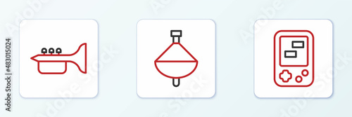 Set line Tetris electronic game, Trumpet and Whirligig toy icon. Vector