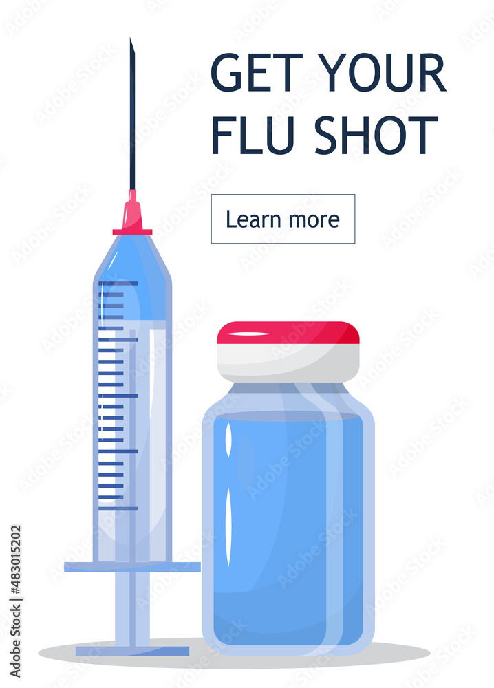 Flu shot concept om the blue background. Time to vaccinate. Get your flu shot. Syringe with vaccine bottle. Immunization vector - obrazy, fototapety, plakaty 