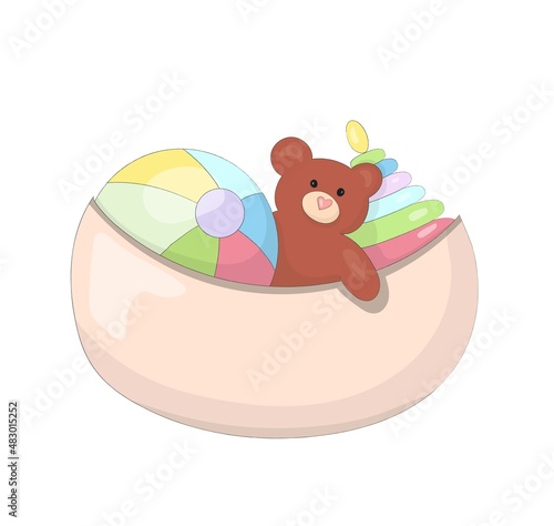 A cute cartoon toy bag with ball, teddy bear and pyramid. Cute baby picture, children's room item. Toy house. Hand drawn vector illustration
