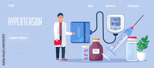 Hypertension medical concept vector for homepage. Hypertensive crisis and sphygmomanometer.