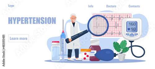 Hypertension medical concept vector for homepage. Hypertensive crisis and sphygmomanometer.