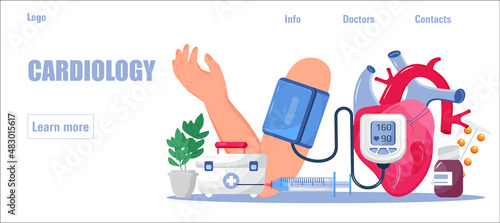 Hypertension medical concept vector for homepage. Hypertensive crisis and sphygmomanometer.