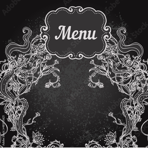 Vector illustration of floral design on blackboard. Stylish concept decoration for a restaurant, coffeehouse, coffee shop menu, wedding invitation