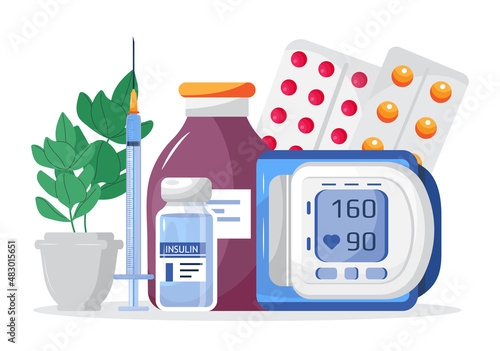 Insulin control vector. Get your Insulin injection free, a syringe for diabetics. Syringe with vaccine bottle.