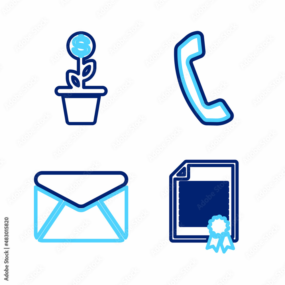 Set line Certificate template, Envelope, Telephone handset and Dollar plant in the pot icon. Vector Set line Certificate template, Envelope, Telephone handset and Dollar plant in the pot icon. Vector