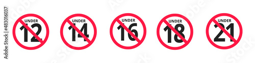 Adults content only age restriction 12, 14, 16, 18, 21 plus years old icon signs set flat style design vector illustration. Sensitive content age plus and adults only concept symbols.