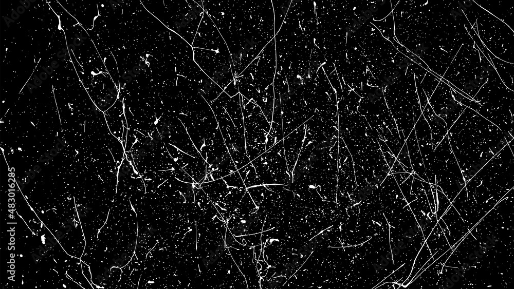 White Paint Splatter Isolated On Black Background. Distressed Overlay Texture. Water Splash Silhouette. Grunge Design Elements. Vector Illustration, EPS 10.