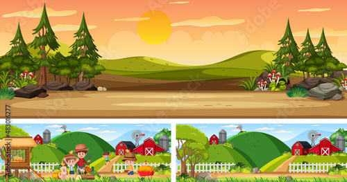 Set of outdoor panoramic landscape with cartoon character