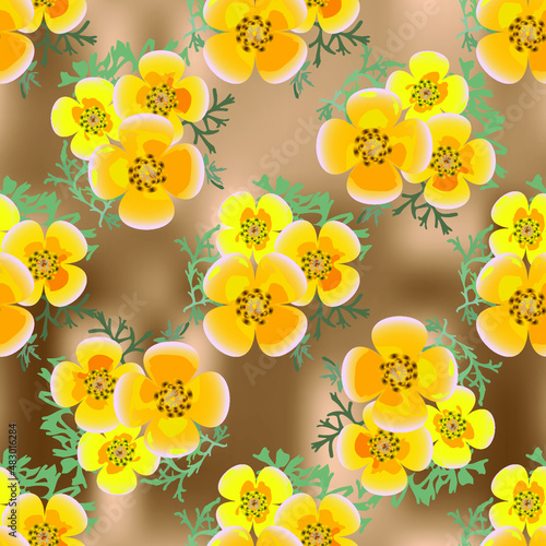 Eshsholtsiya orange flowers with leaves on dark brown abstract background, floral seamless texture, vector
