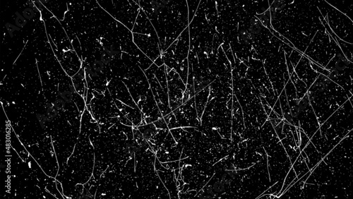 White Paint Splatter Isolated On Black Background. Distressed Overlay Texture. Water Splash Silhouette. Grunge Design Elements. Vector Illustration, EPS 10.