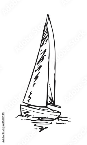 Sailing yacht floats on waves. Small ship for recreation and travel. Front view. Outline sketch. Hand drawing isolated on white background. Vector