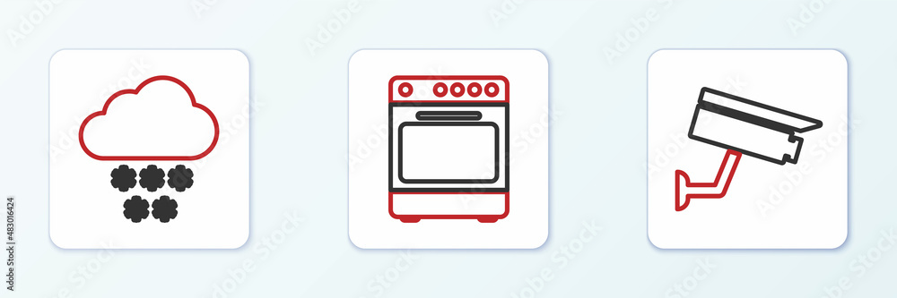 Set line Security camera, Cloud with snow and Oven icon. Vector Set line Security camera, Cloud with snow and Oven icon. Vector