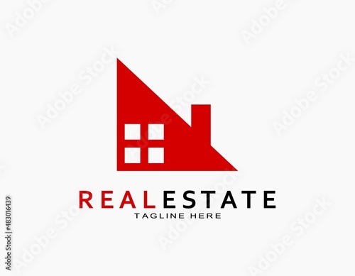 Real estate logo in red. Simple icon roof of the house with window and chimney in a half triangle. Vector for company, architecture, developer, residence 