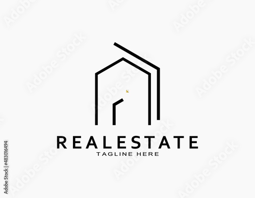 Minimalist real estate logo with letter R. The lines that form the house. Simple vector for company, architecture, developer, residence.