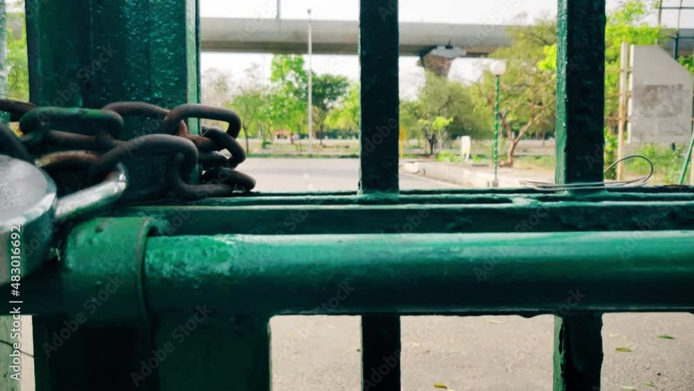 Closed road gate, locked entrance Coronavirus disease 4K Closed road gate, locked entrance Coronavirus disease 4K