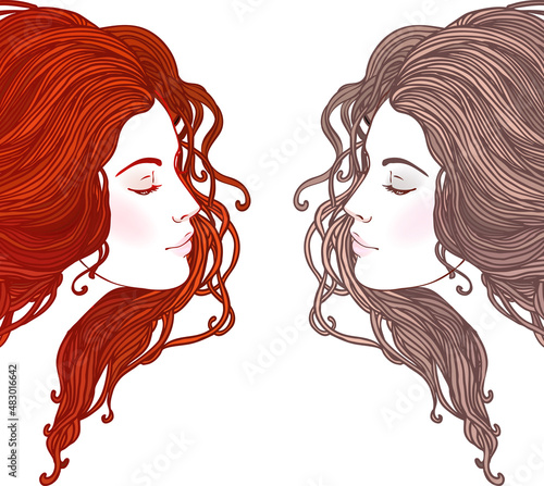 Beauty Salon: Portrait of pretty young woman in profile view with long beauti...