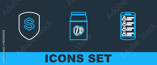 Set line Smartphone with contacts, Shield and dollar and Coffee beans in bag icon. Vector