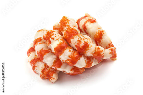 Fresh surimi shrimps, isolated on white background.