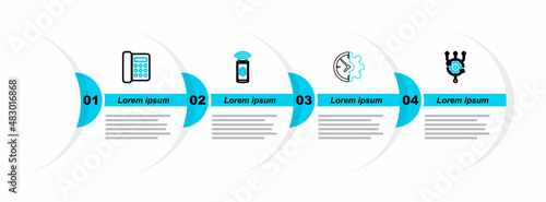 Set line Algorithm, Clock and gear, Contactless payment and Telephone icon. Vector