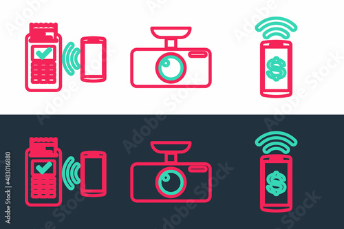Set line Contactless payment, POS terminal and Car DVR icon. Vector