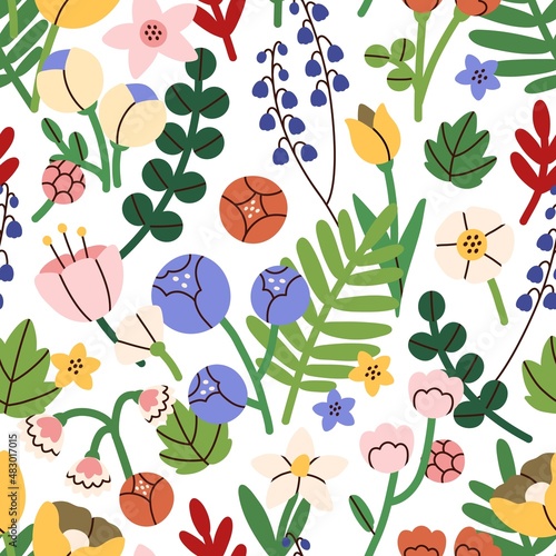 Seamless flower pattern. Bright floral background with blossoms and blooms print. Repeating texture design. Multicolored endless backdrop for decor. Colored flat vector illustration for textile