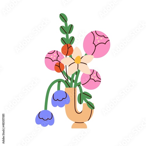 Blossomed flowers bouquet in vase. Summer floral bunch, romantic gift. Posy of cut blooming plants mixed arrangement. Fresh flora bundle. Colored flat vector illustration isolated on white background