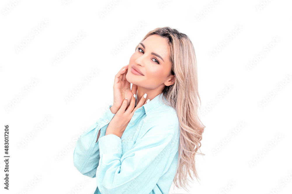 Portrait of a beautiful blonde woman with natural makeup on a white background. Studio shot. Portrait of a beautiful blonde woman with natural makeup on a white background. Studio shot.
