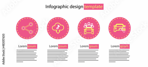Set line Car sharing, Cloud download music and Share icon. Vector